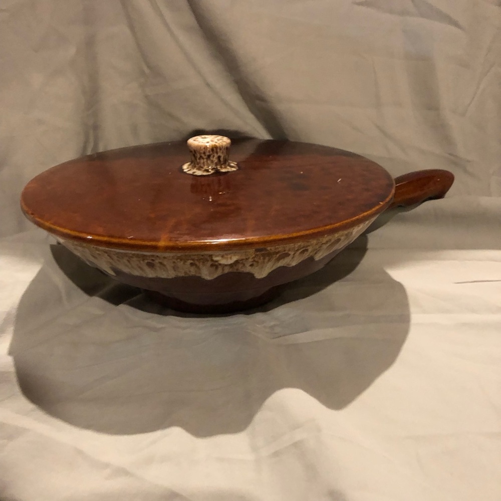 Vintage MCM glazed  Ceramic Covered Skillet - Brown with Cream Drip Detail